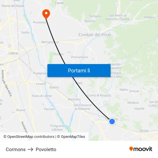 Cormons to Povoletto map