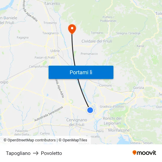 Tapogliano to Povoletto map