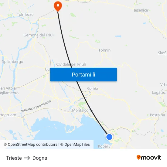 Trieste to Dogna map