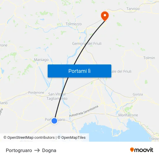 Portogruaro to Dogna map