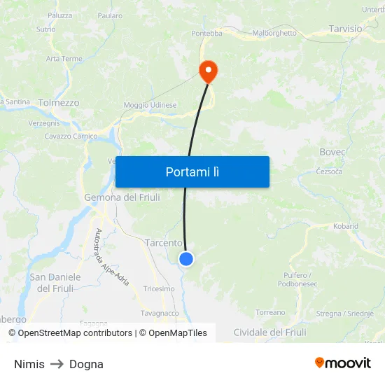 Nimis to Dogna map