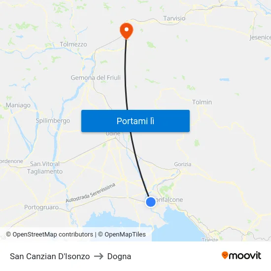 San Canzian D'Isonzo to Dogna map