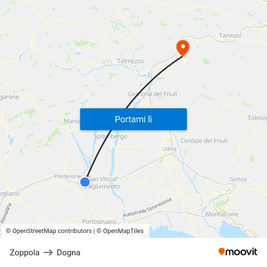 Zoppola to Dogna map