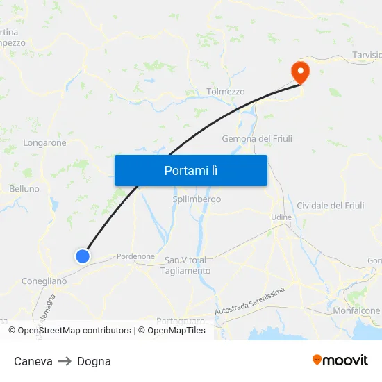 Caneva to Dogna map