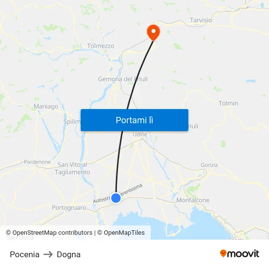 Pocenia to Dogna map