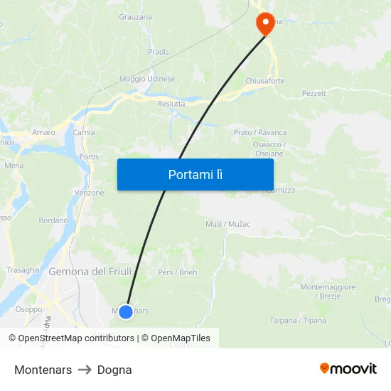 Montenars to Dogna map