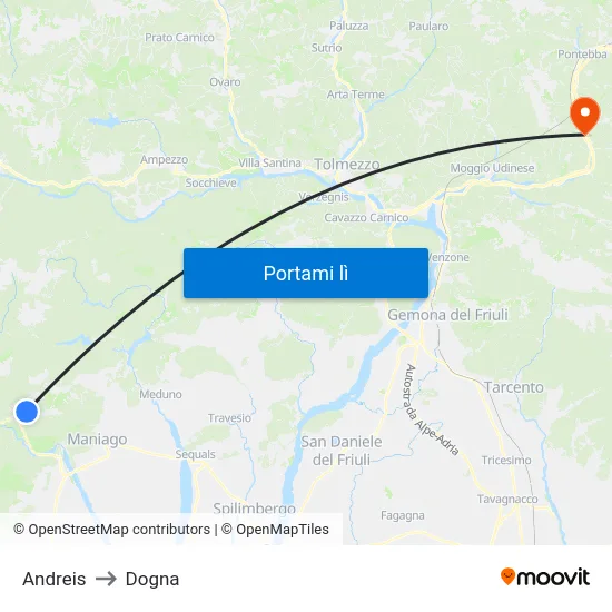 Andreis to Dogna map
