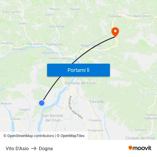Vito D'Asio to Dogna map