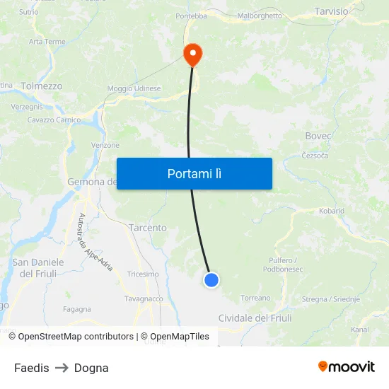 Faedis to Dogna map