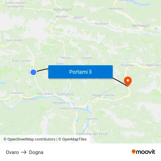 Ovaro to Dogna map