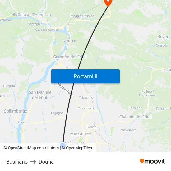 Basiliano to Dogna map