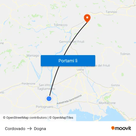 Cordovado to Dogna map