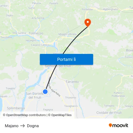 Majano to Dogna map