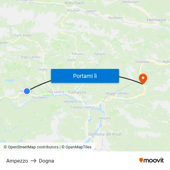 Ampezzo to Dogna map