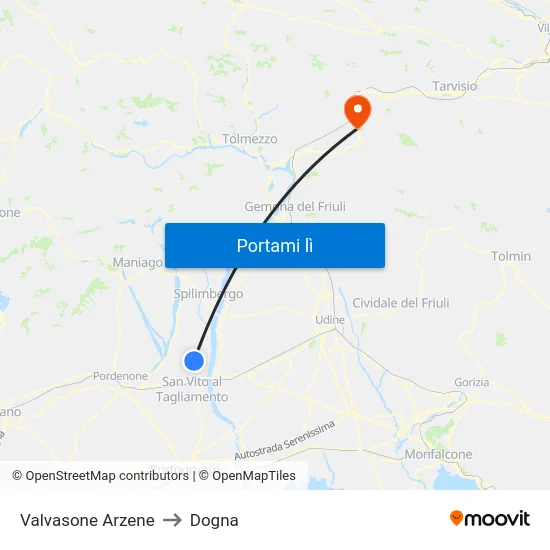 Valvasone Arzene to Dogna map