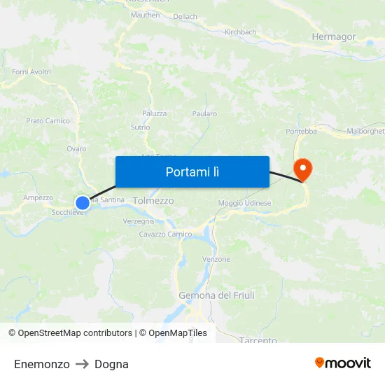 Enemonzo to Dogna map