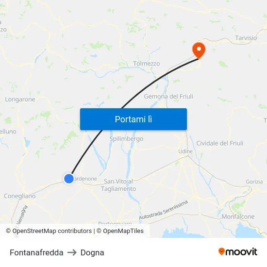 Fontanafredda to Dogna map