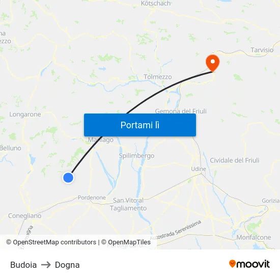 Budoia to Dogna map