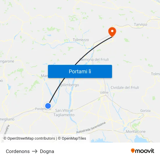 Cordenons to Dogna map