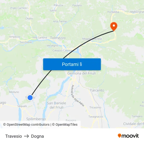 Travesio to Dogna map