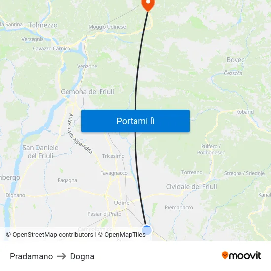 Pradamano to Dogna map