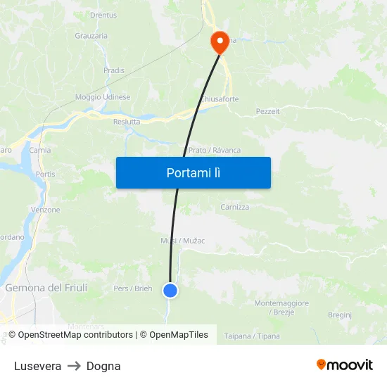 Lusevera to Dogna map
