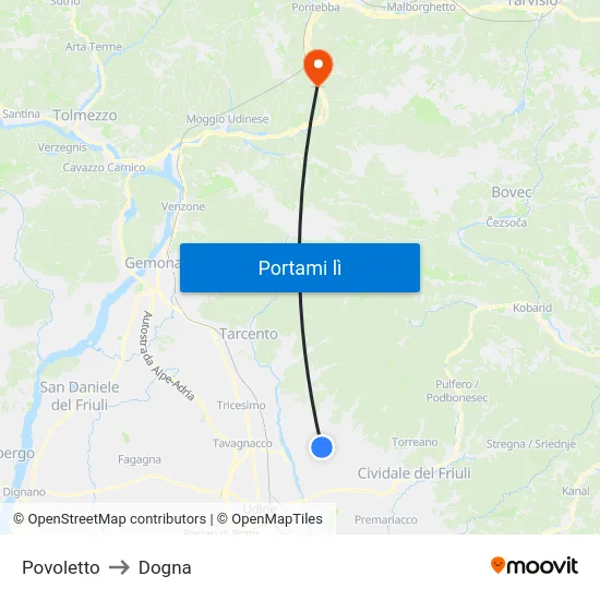 Povoletto to Dogna map