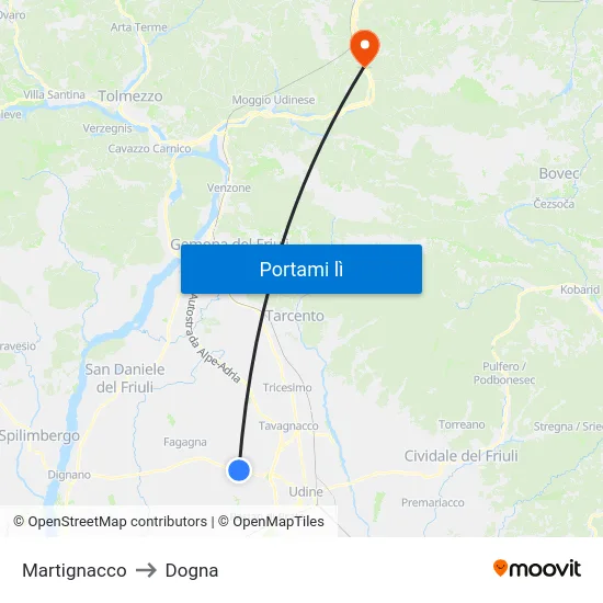Martignacco to Dogna map