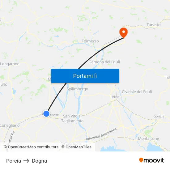 Porcia to Dogna map