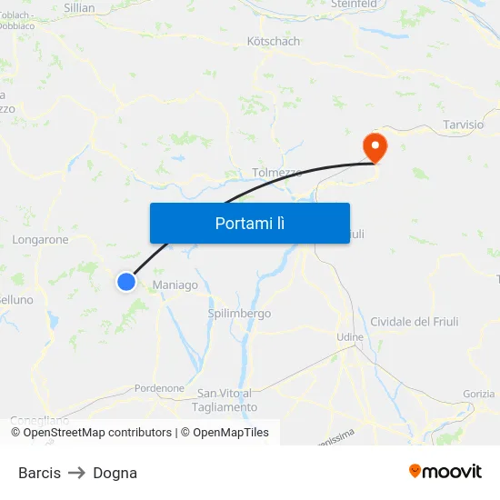 Barcis to Dogna map