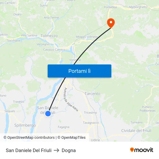 San Daniele Del Friuli to Dogna map