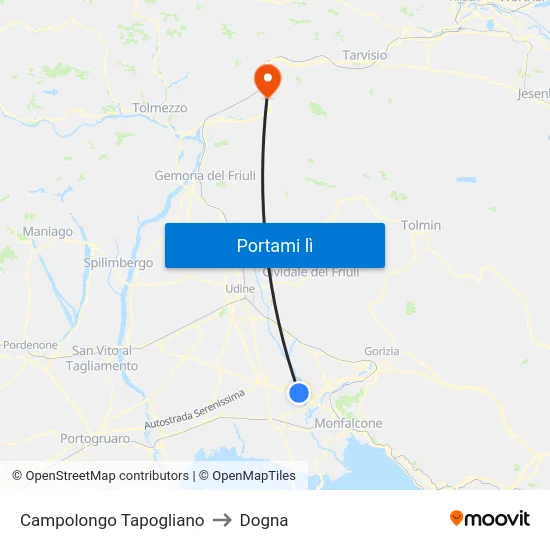 Campolongo Tapogliano to Dogna map