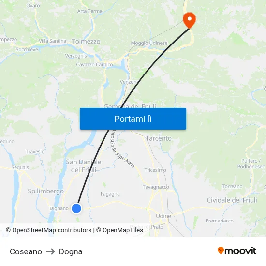Coseano to Dogna map