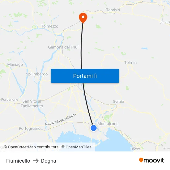 Fiumicello to Dogna map