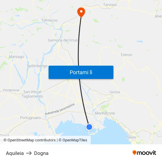 Aquileia to Dogna map