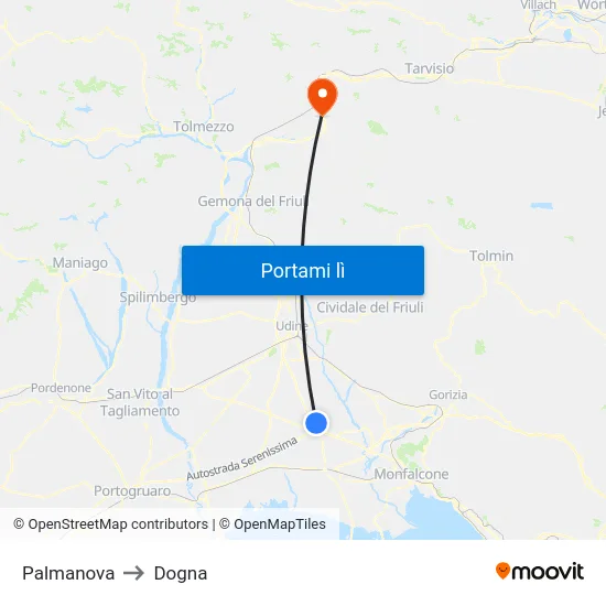 Palmanova to Dogna map