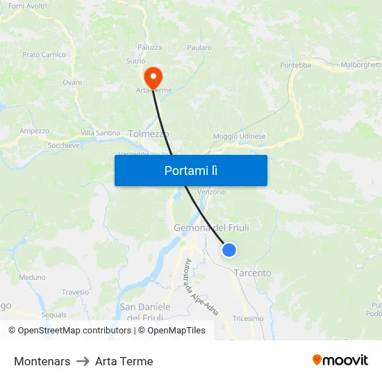 Montenars to Arta Terme map