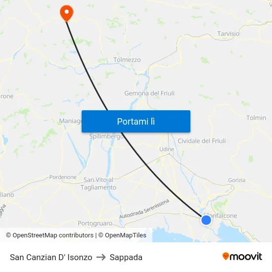 San Canzian D' Isonzo to Sappada map