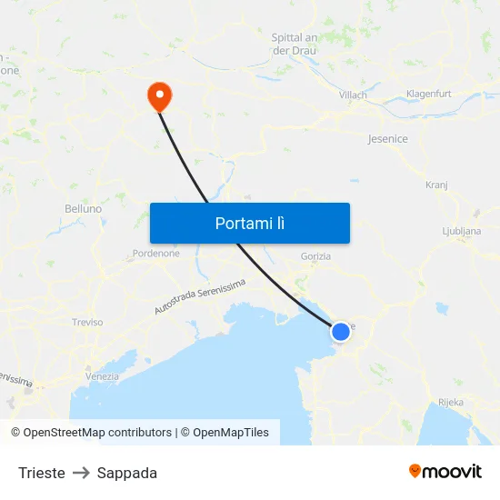 Trieste to Sappada map