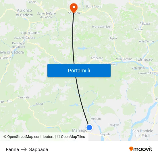Fanna to Sappada map