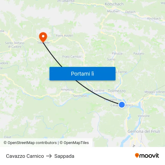 Cavazzo Carnico to Sappada map