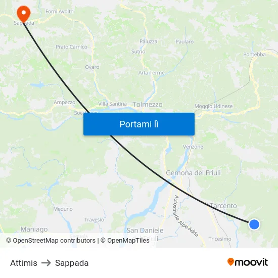 Attimis to Sappada map