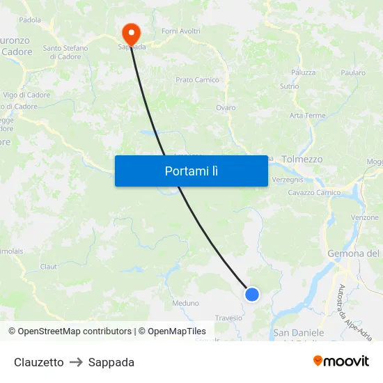 Clauzetto to Sappada map