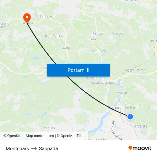 Montenars to Sappada map