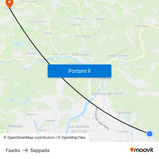 Faedis to Sappada map