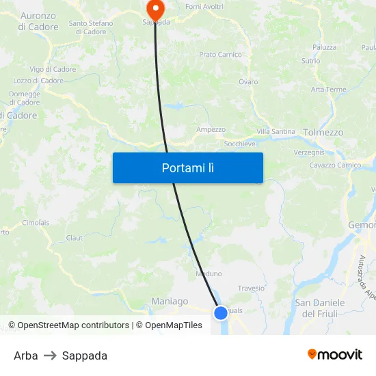 Arba to Sappada map