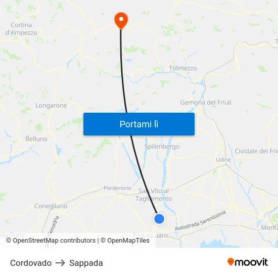 Cordovado to Sappada map