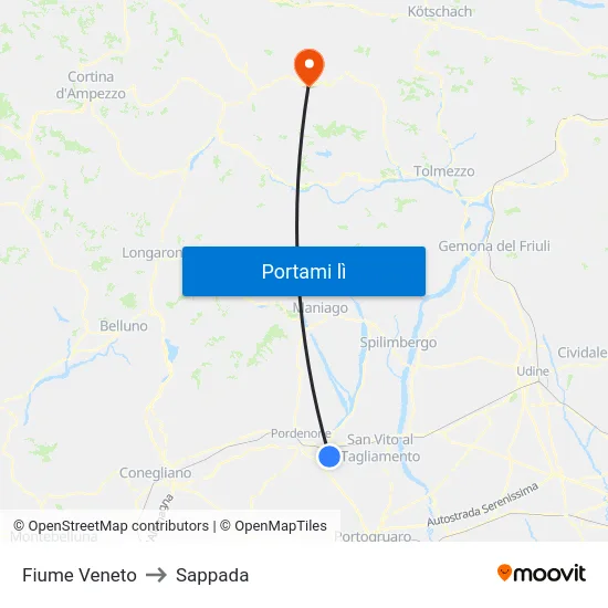Fiume Veneto to Sappada map