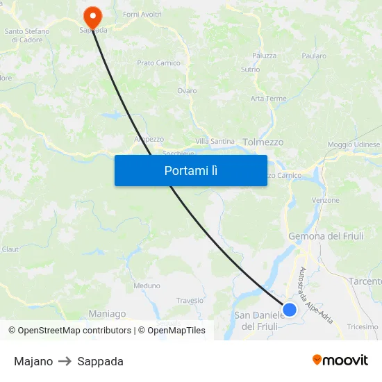Majano to Sappada map