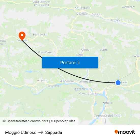 Moggio Udinese to Sappada map